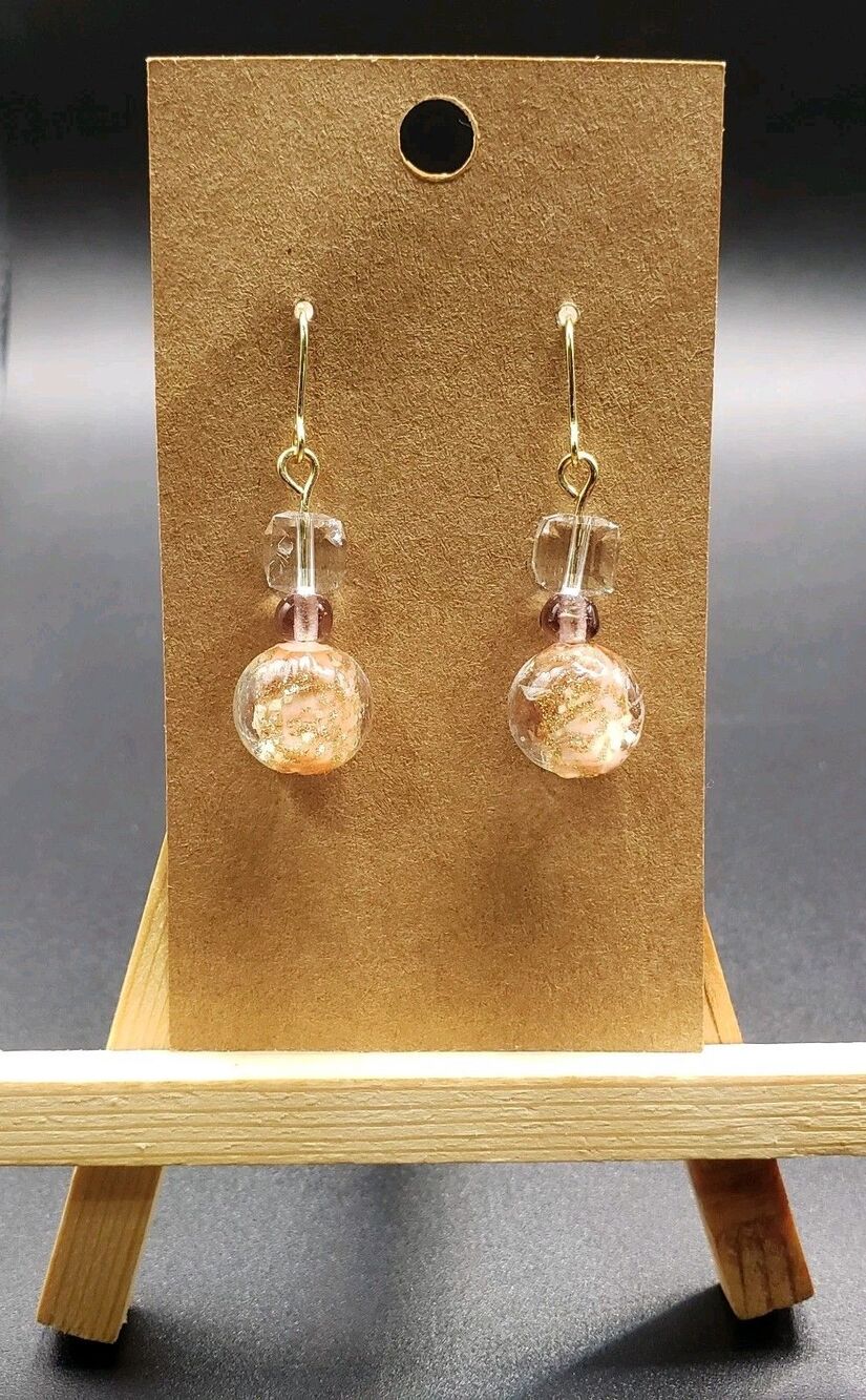Dangle/Drop/Costume Clear Glass and Gold inlay Round Beaded Handcrafted Earring!